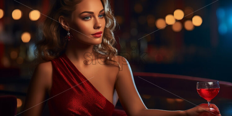 Woman in red dress drinking wine at the bars - Starpik Stock