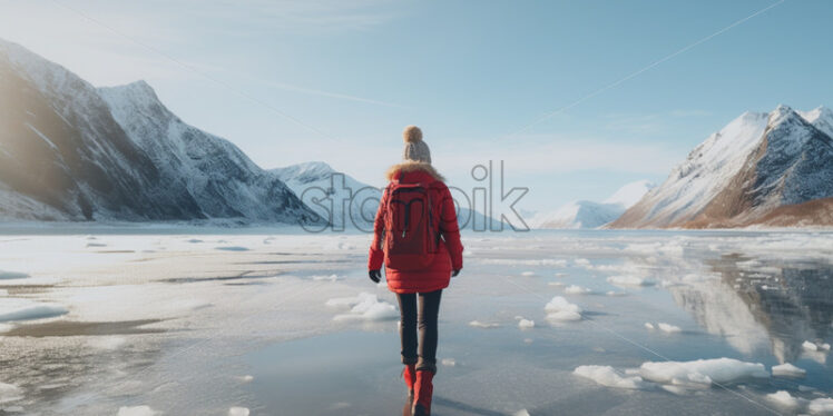 Woman in red jacket on frozen lake ice in the mountains - Starpik Stock