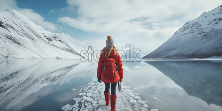 Woman in red jacket on frozen lake ice in the mountains - Starpik Stock