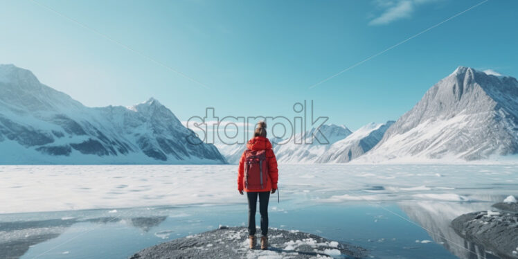 Woman in red jacket on frozen lake ice in the mountains - Starpik Stock