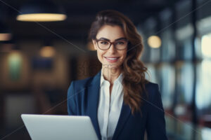 Woman in the office portraits, wearing a costume and glasses, with a laptop - Starpik