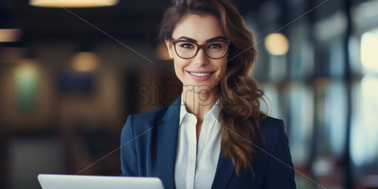 Woman in the office portraits, wearing a costume and glasses, with a laptop - Starpik