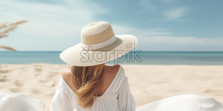 Woman laying on the beach with white hat - Starpik Stock