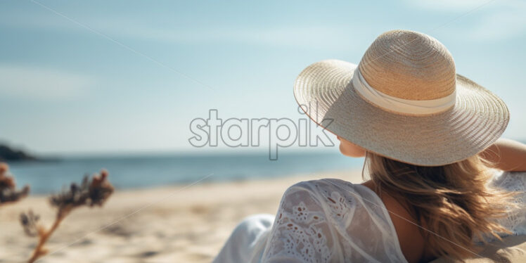 Woman laying on the beach with white hat - Starpik Stock