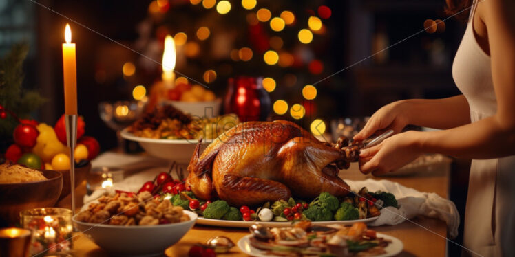 Woman preparing roasted chicken for christmas dinner - Starpik Stock