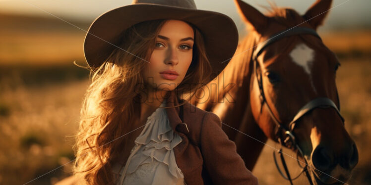 Woman riding horse in countryside portrait - Starpik Stock