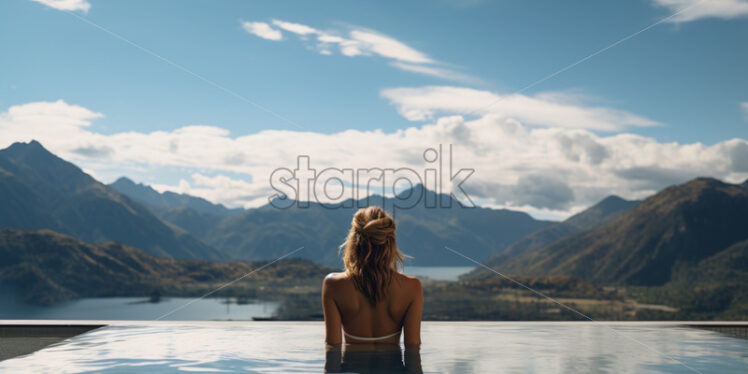 Woman swimming in the pool with mountains view - Starpik Stock