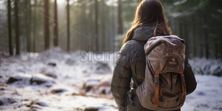 Woman with a backpack hiking in the mountains - Starpik Stock