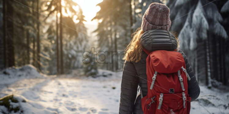 Woman with a backpack hiking in the mountains - Starpik Stock