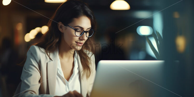 Woman working at a laptop in a cafe - Starpik Stock