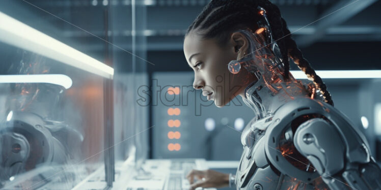 Woman working on a robot face future laboratory - Starpik Stock