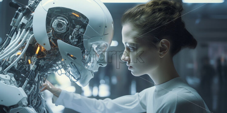 Woman working on a robot face future laboratory - Starpik Stock