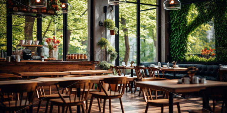 Wooden Cafe in the pavillion with wooden furniture and indoor plants in cafe - Starpik Stock