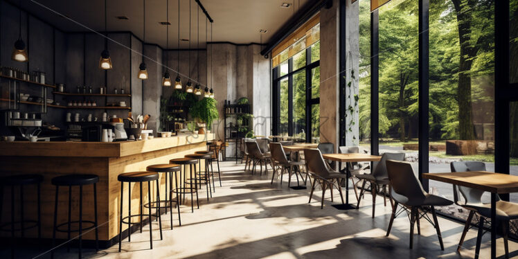 Wooden and color cement cafe in the city in a clear glass wall with a classy chair and a counter stool chair - Starpik Stock