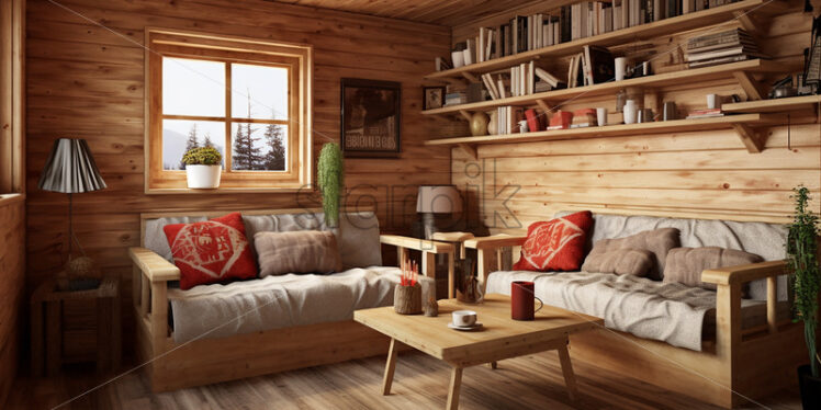 Wooden apartment in the country side with wooden furniture and book shelves in their living room - Starpik Stock