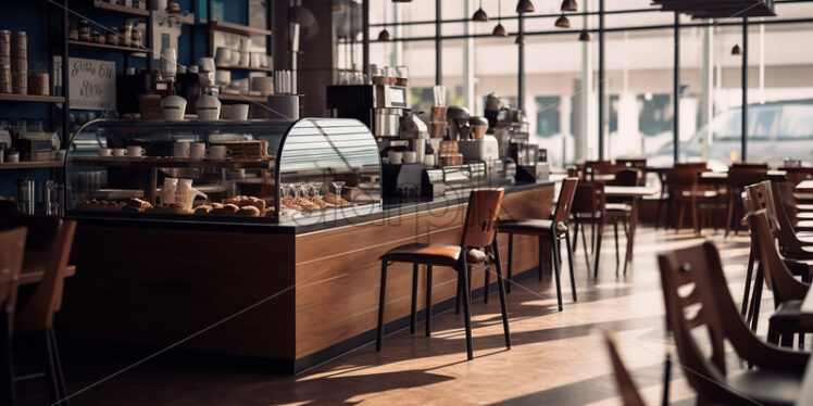 Wooden cafe architecture in the city with a clear glass wall and brown classy chair - Starpik Stock