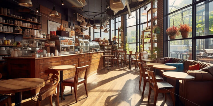 Wooden cafe architecture in the city with a clear glass wall and brown classy chair in a refreshig ambience - Starpik Stock