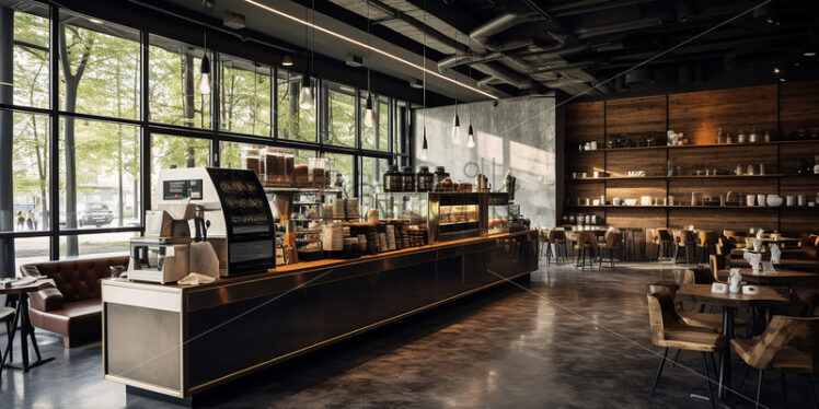 Wooden cafe architecture in the city with a clear glass wall and brown classy chair in a refreshig ambience and a classy counter - Starpik Stock