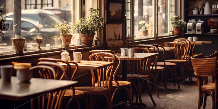 Wooden cafe architecture in the city with a clear glass wall and brown classy chair in a refreshig ambience and a indoor plants - Starpik Stock