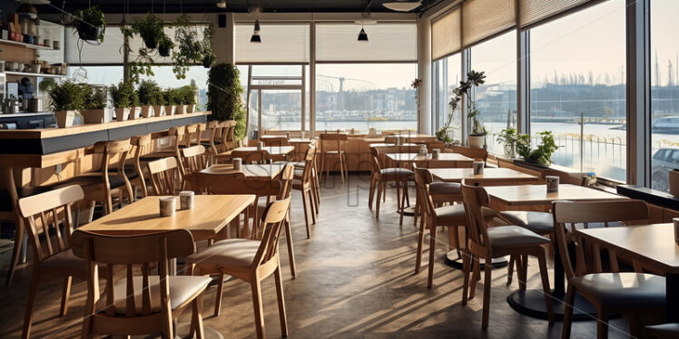 Wooden cafe architecture in the city with a clear glass wall and wooden classy chair  and a wooden counter chair in a refreshig ambience and indoor plants - Starpik Stock