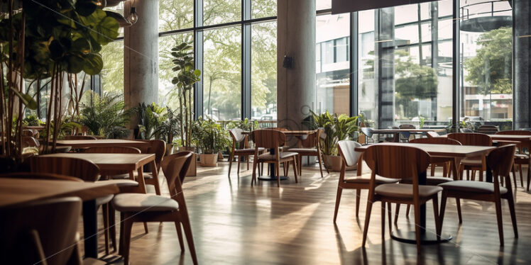 Wooden cafe architecture in the city with a clear glass wall and wooden classy furniture - Starpik Stock