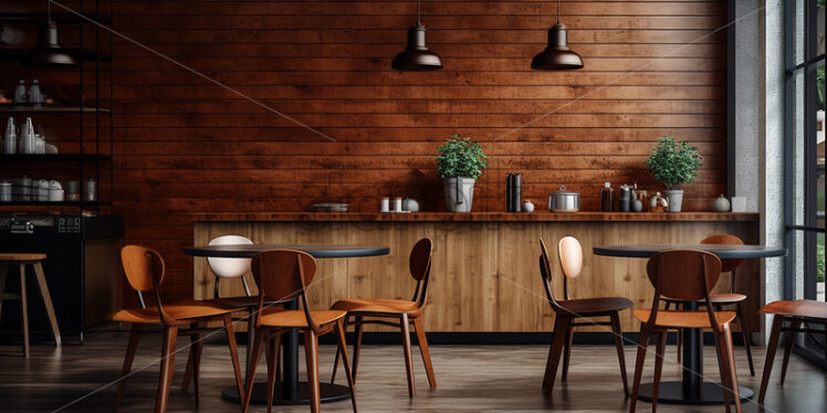 Wooden cafe architecture in the city with clear glass wall and varnish wood furniture a classy vibes - Starpik Stock