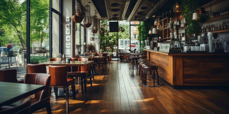 Wooden cafe architecture in the city with clear glass wall and varnish wood furniture in a classy vibes to their counter chair - Starpik Stock