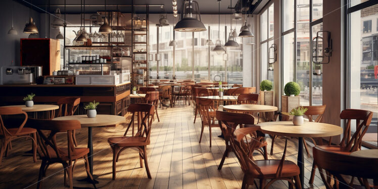 Wooden cafe in the city with a clear glass wall and brown classy chair - Starpik Stock