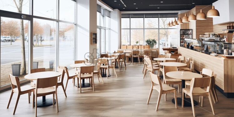 Wooden cafe in the city with a clear glass wall and brown classy chair a neat and brirght ambience - Starpik Stock