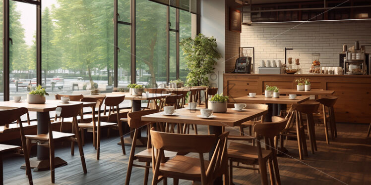 Wooden cafe in the city with a clear glass wall and wooden chairs and tables - Starpik Stock