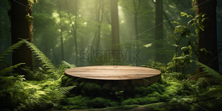 Wooden podium in a green forest natural mock up - Starpik Stock