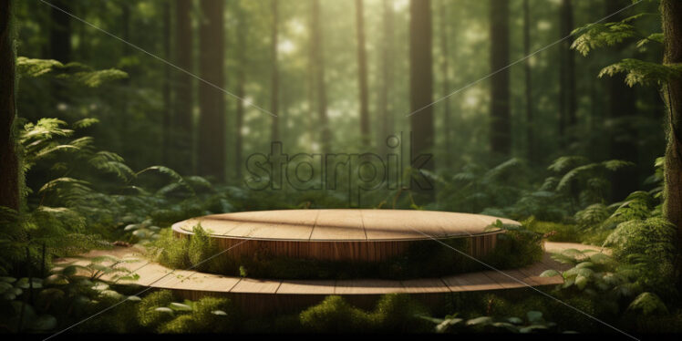 Wooden podium in a green forest natural mock up - Starpik Stock