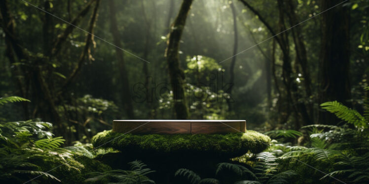 Wooden podium in a green forest natural mock up - Starpik Stock