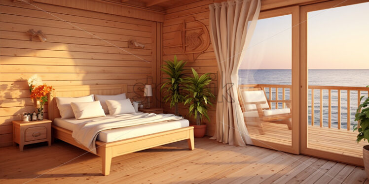 Wooden vacation house in the beach side, clear glass sliding door, balcony, beach chair and a classy bedframe with indoor plants in a wood theme with neat ambience - Starpik Stock