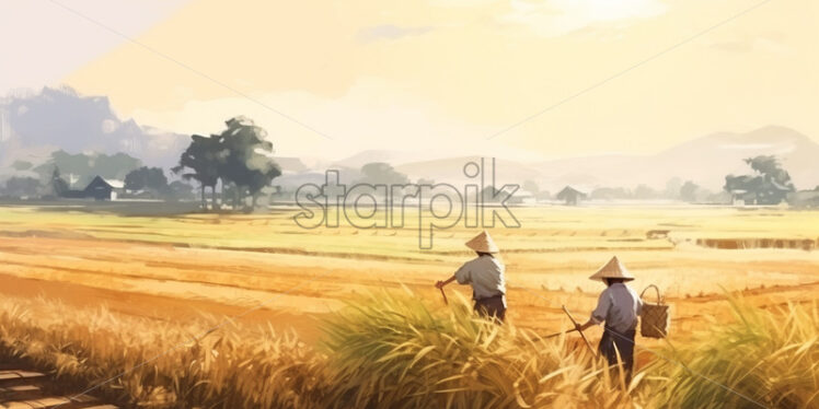 Workers in a rice field, watercolor painting - Starpik Stock