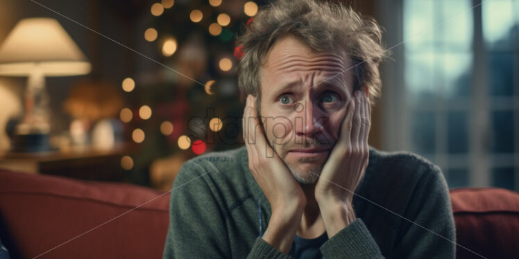 Worried sad man at home alone - Starpik Stock