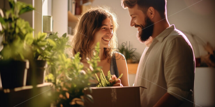 Young couple moving together in an apartment, new beginning, new family - Starpik Stock