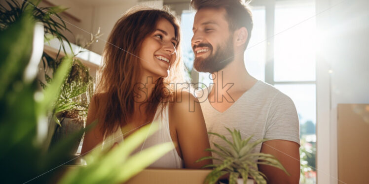 Young couple moving together in an apartment, new beginning, new family - Starpik Stock