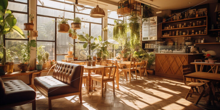 a cozy cafe wood furniture and green views - Starpik Stock