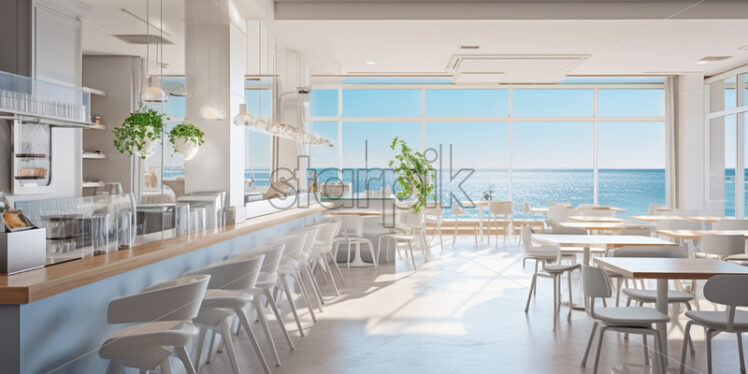 a modern white cafe with sea views - Starpik Stock