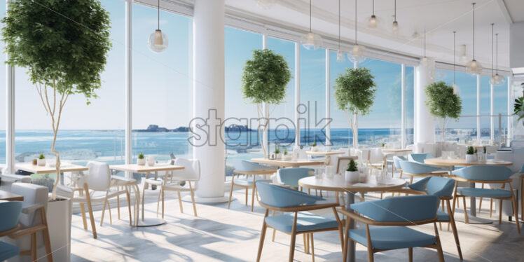 a modern white cafe with sea views - Starpik Stock