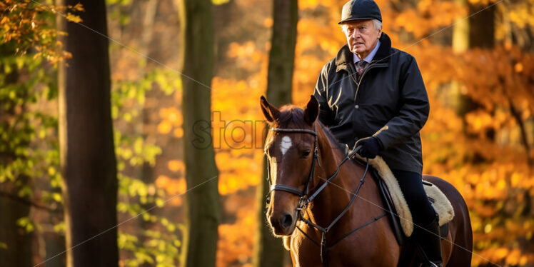 american horseman riding in a brown horse in the middle of the street - Starpik Stock