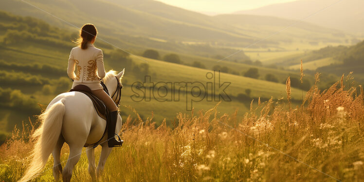 asian horse woman riding in a white horse in the middle of the hill - Starpik Stock