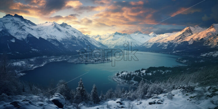 beautiful lake view with mountains sunsets - Starpik Stock