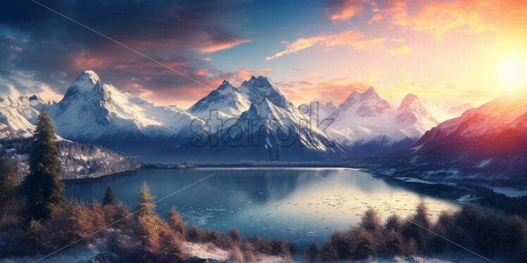 beautiful lake view with mountains sunsets - Starpik Stock