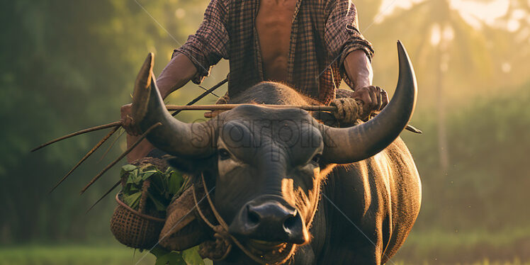 filipino 50 year old farmer riding the carabao in the rice field - Starpik Stock