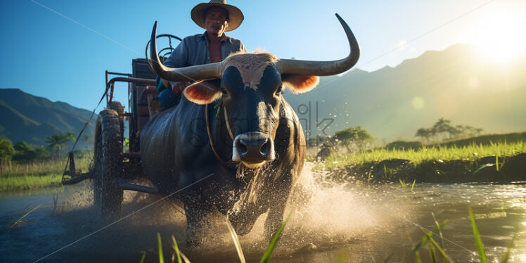 filipino 50 year old farmer riding the carabao in the rice field - Starpik Stock