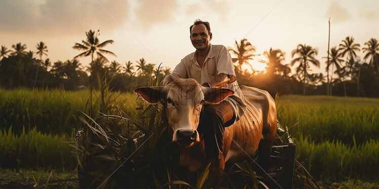 filipino 50 year old farmer riding the carabao in the rice field - Starpik Stock