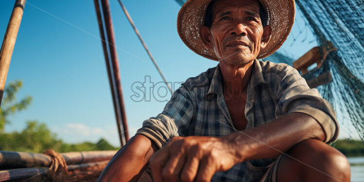 filipino 50 year old fisher man riding the boat in the river - Starpik Stock