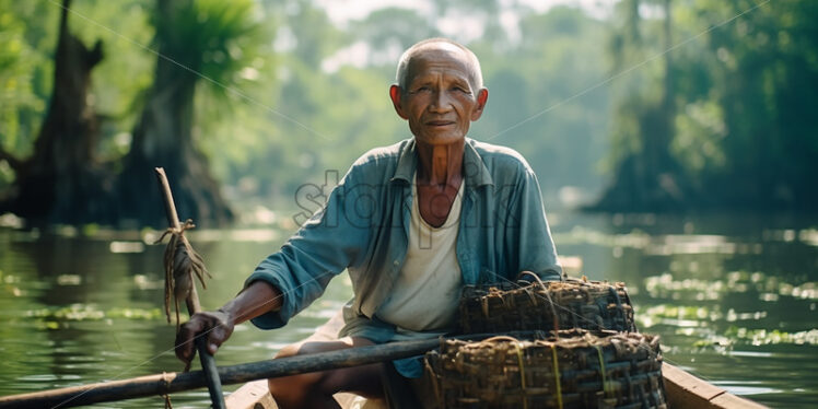 filipino 50 year old fisher man riding the boat in the river - Starpik Stock